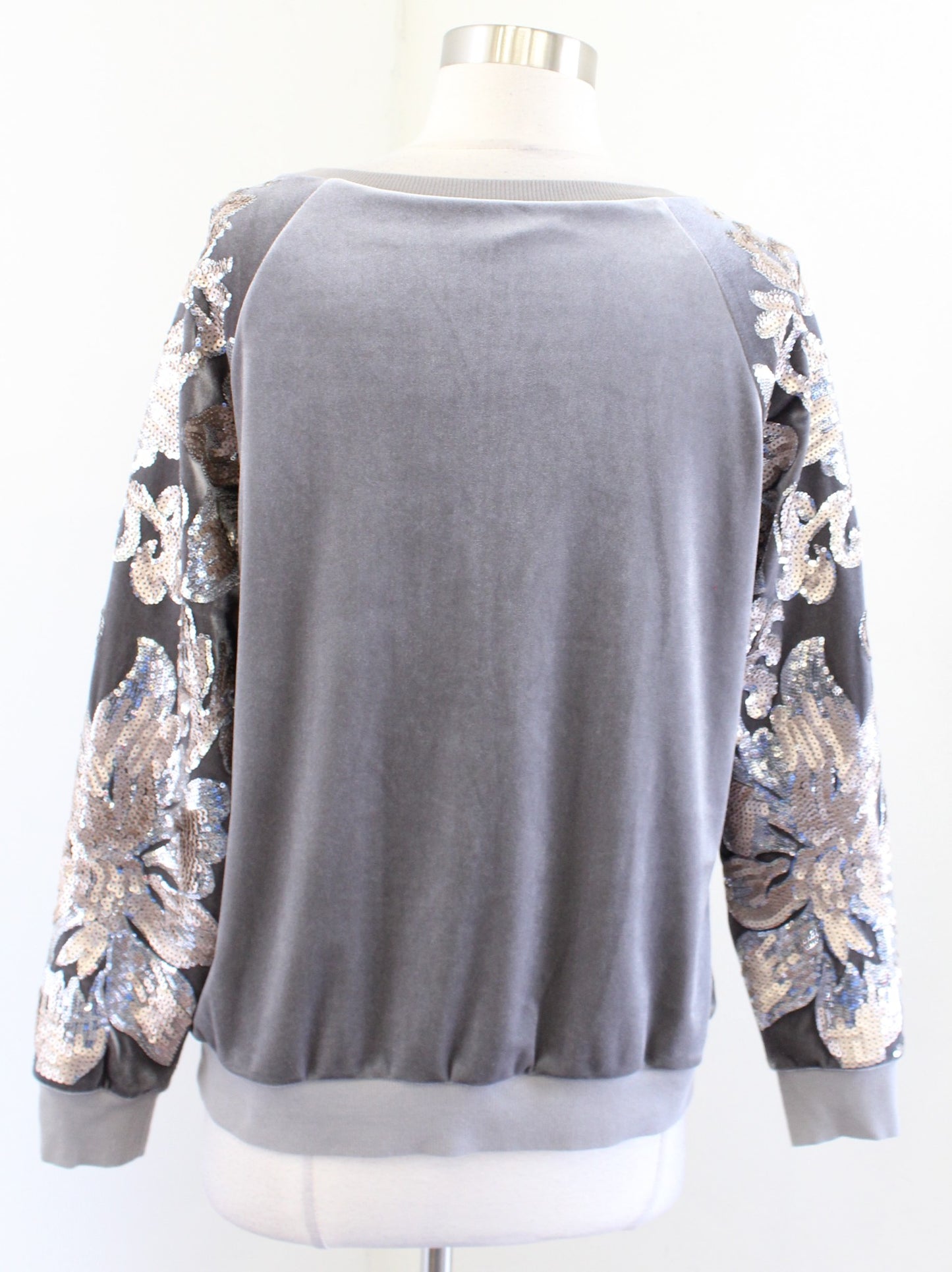 Soft Surroundings Womens Gray Velvet Floral Sequin Pullover Sweatshirt Size XS