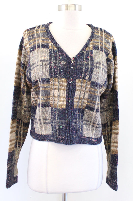 Vtg 90s Y2k Patchwork Plaid Knit Zip Front Cropped Cardigan Sweater Size L