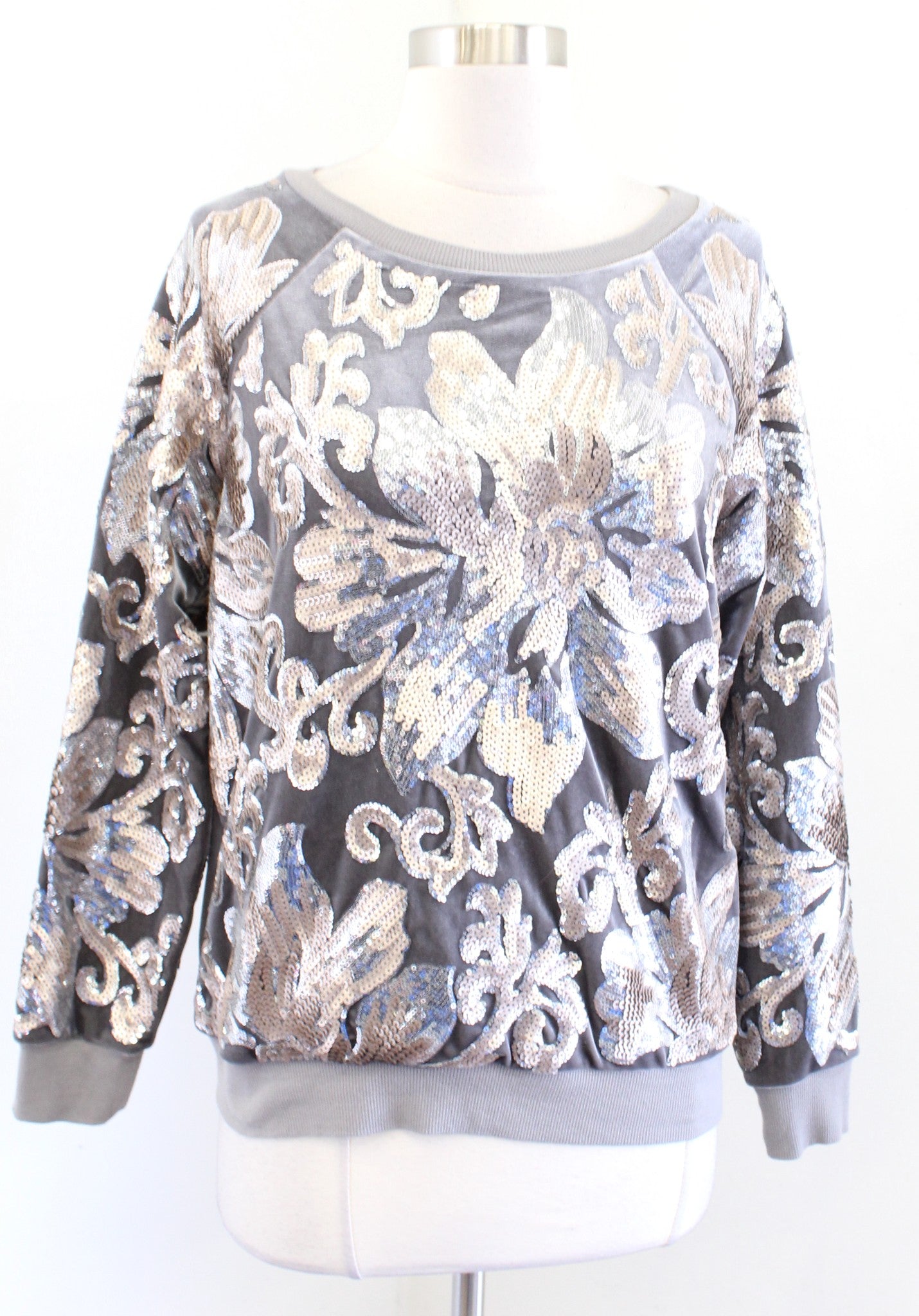 Soft Surroundings Womens Gray Velvet Floral Sequin Pullover Sweatshirt Size XS