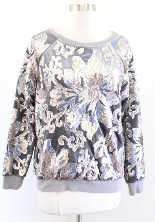 Soft Surroundings Womens Gray Velvet Floral Sequin Pullover Sweatshirt Size XS