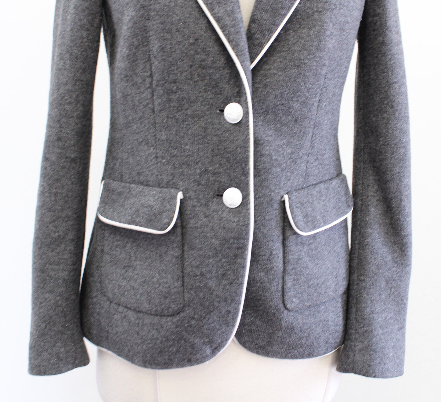 Banana Republic Charcoal Gray White Piped Trim Wool Blend Prep Blazer Jacket 2