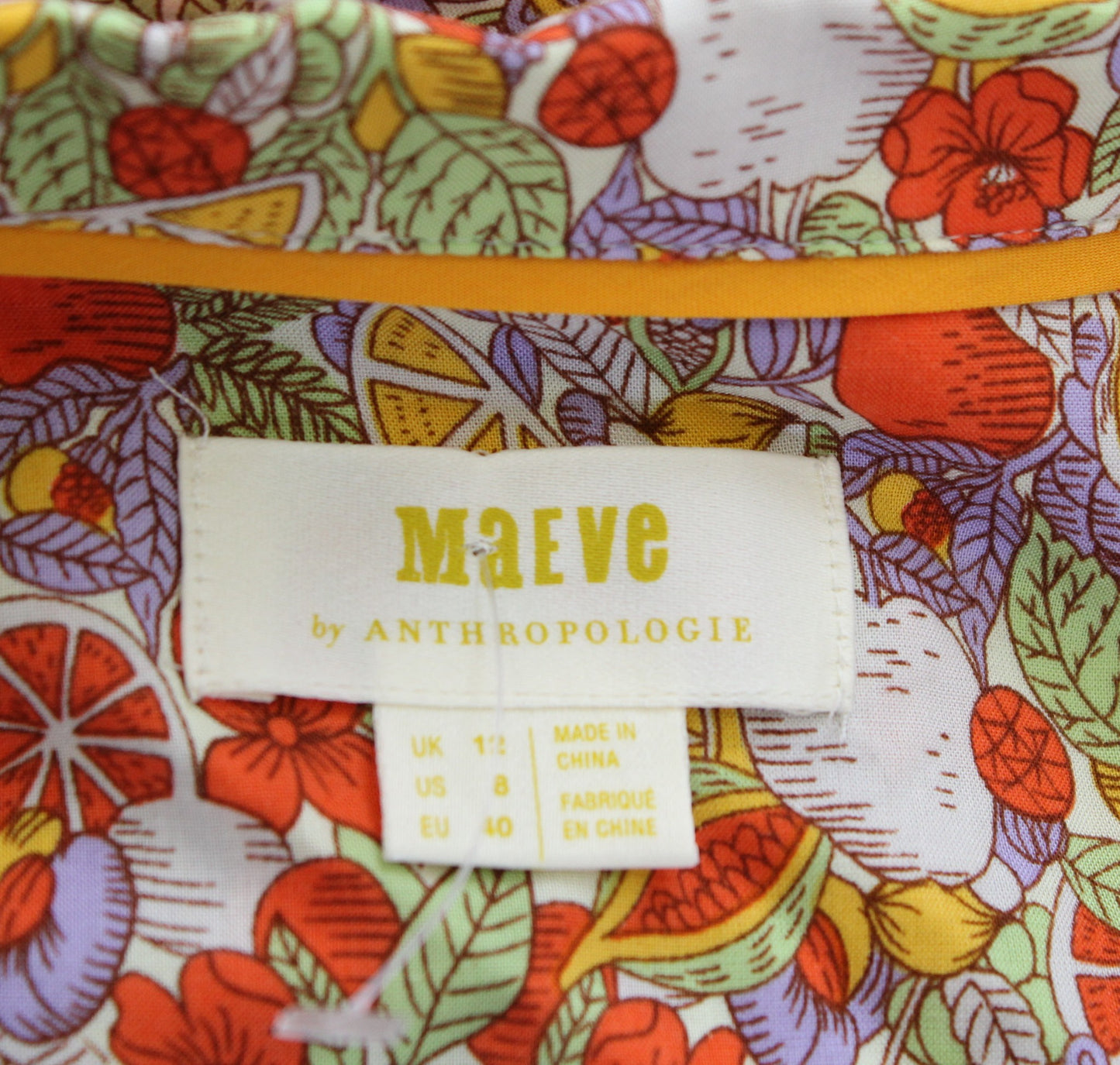 Maeve Anthropologie Citrus Fruit Print Button Down Tie Front Shirt Blouse Size 8