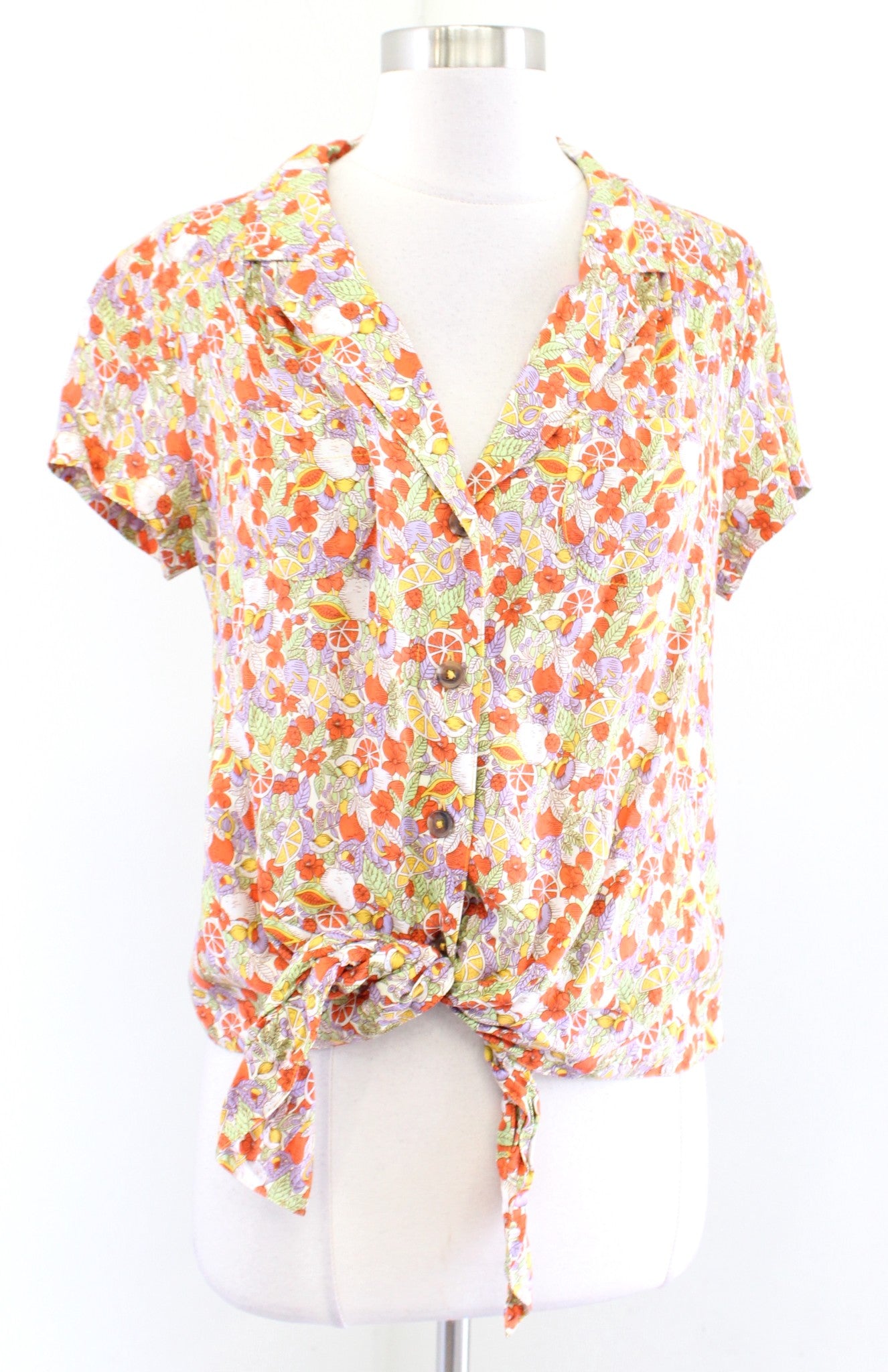 Maeve Anthropologie Citrus Fruit Print Button Down Tie Front Shirt Blouse Size 8