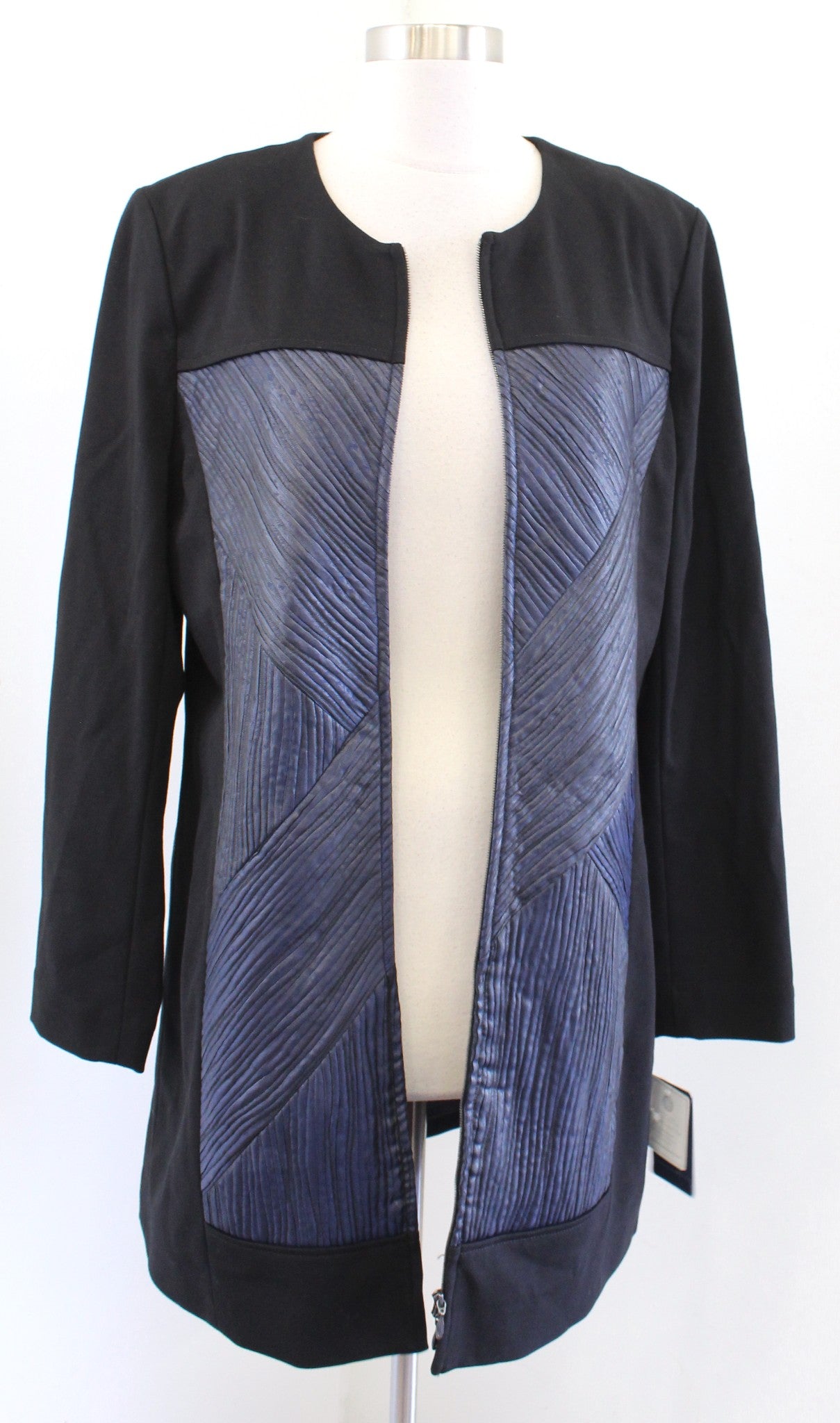 NWT Doncaster Black Navy Blue Contrast Textured Zip Front LongLine Jacket Sz 14