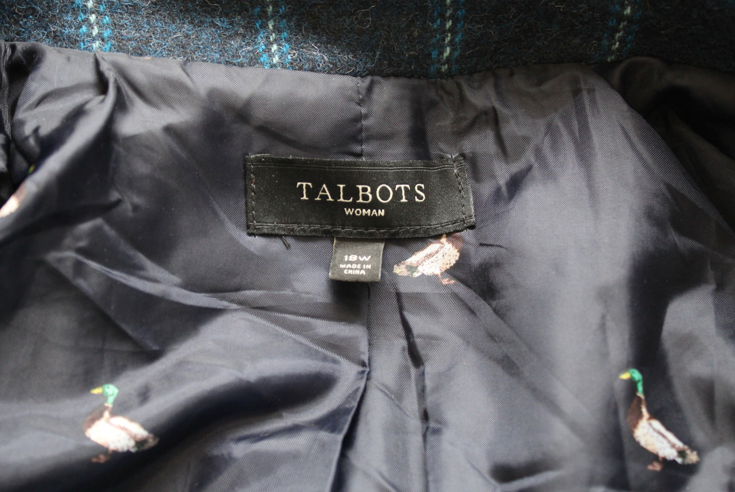 Talbots Woman Navy Blue Black Toned Plaid Wool Blend Blazer Jacket Size 18W