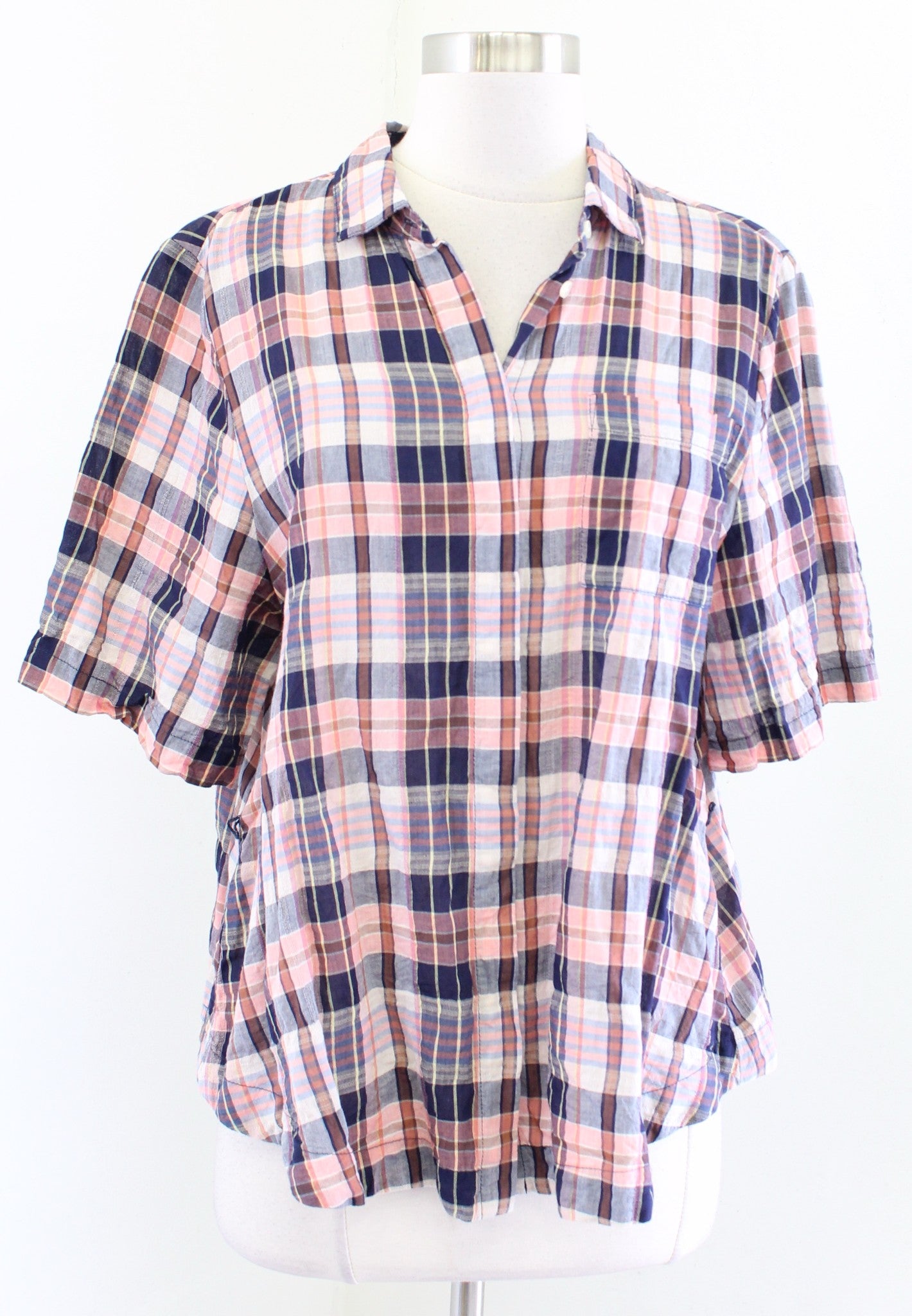 Trovata Birds of Paradis Navy Blue Coral Tie Waist Button Front Shirt Blouse M