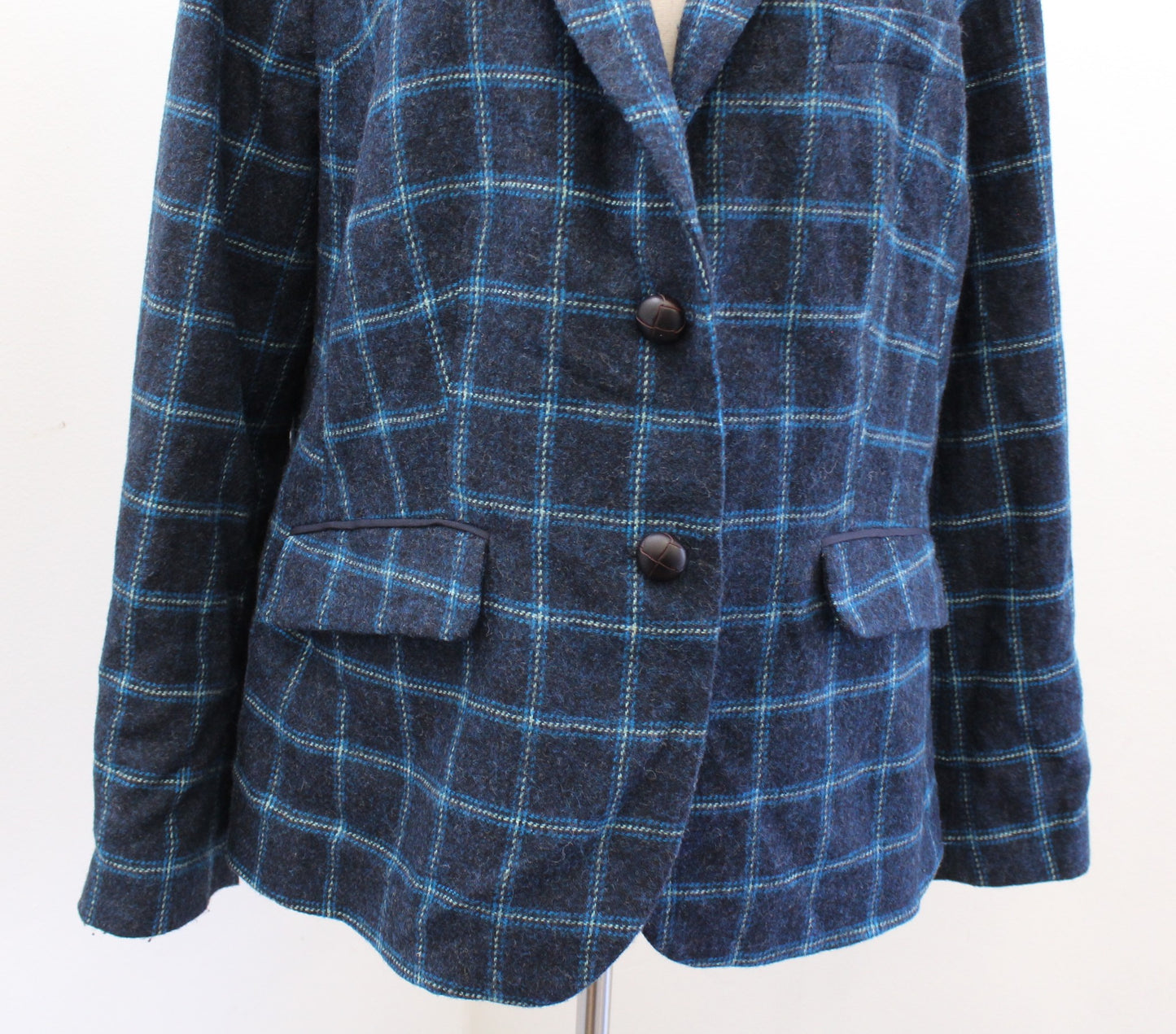 Talbots Woman Navy Blue Black Toned Plaid Wool Blend Blazer Jacket Size 18W