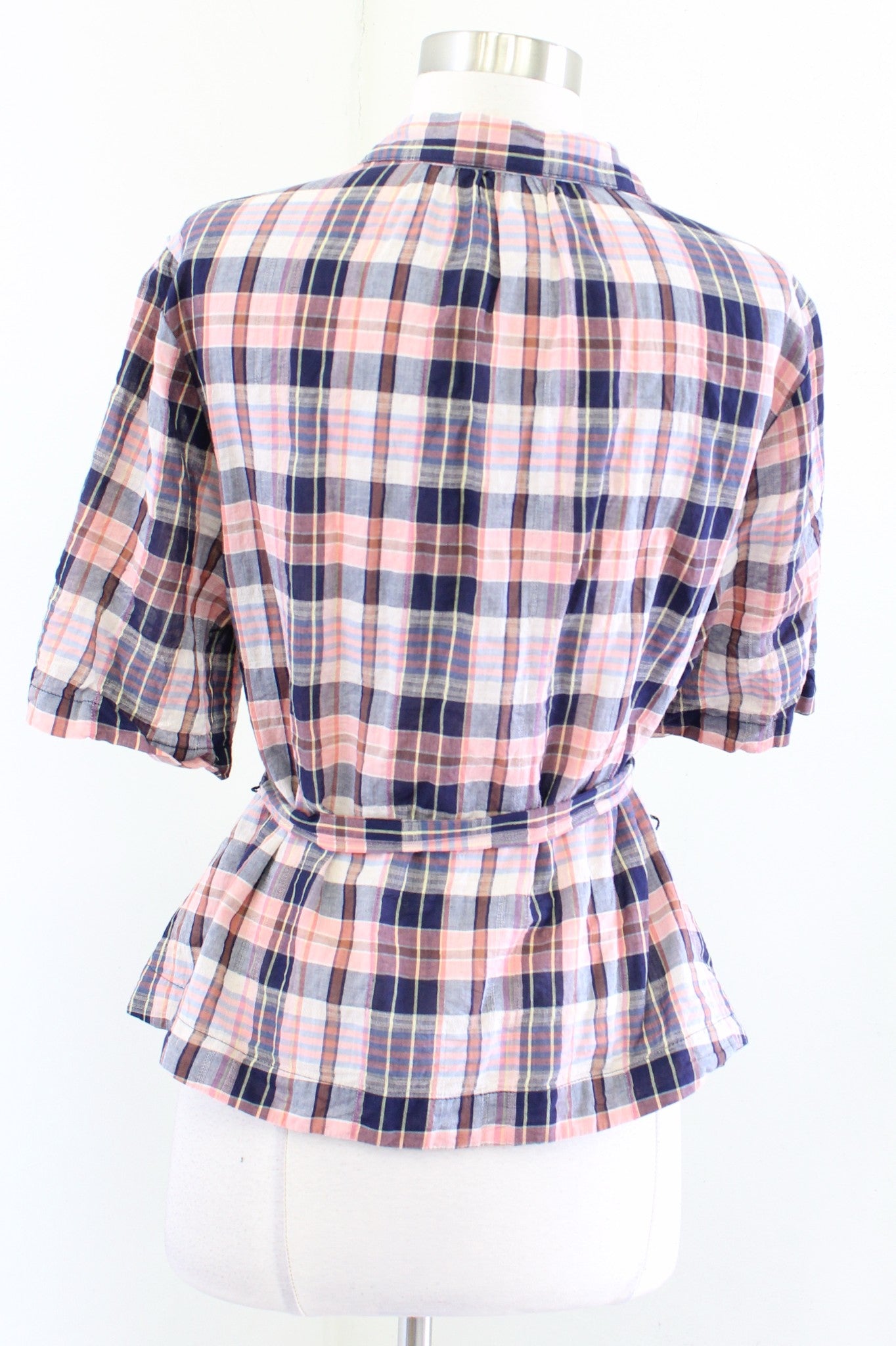 Trovata Birds of Paradis Navy Blue Coral Tie Waist Button Front Shirt Blouse M