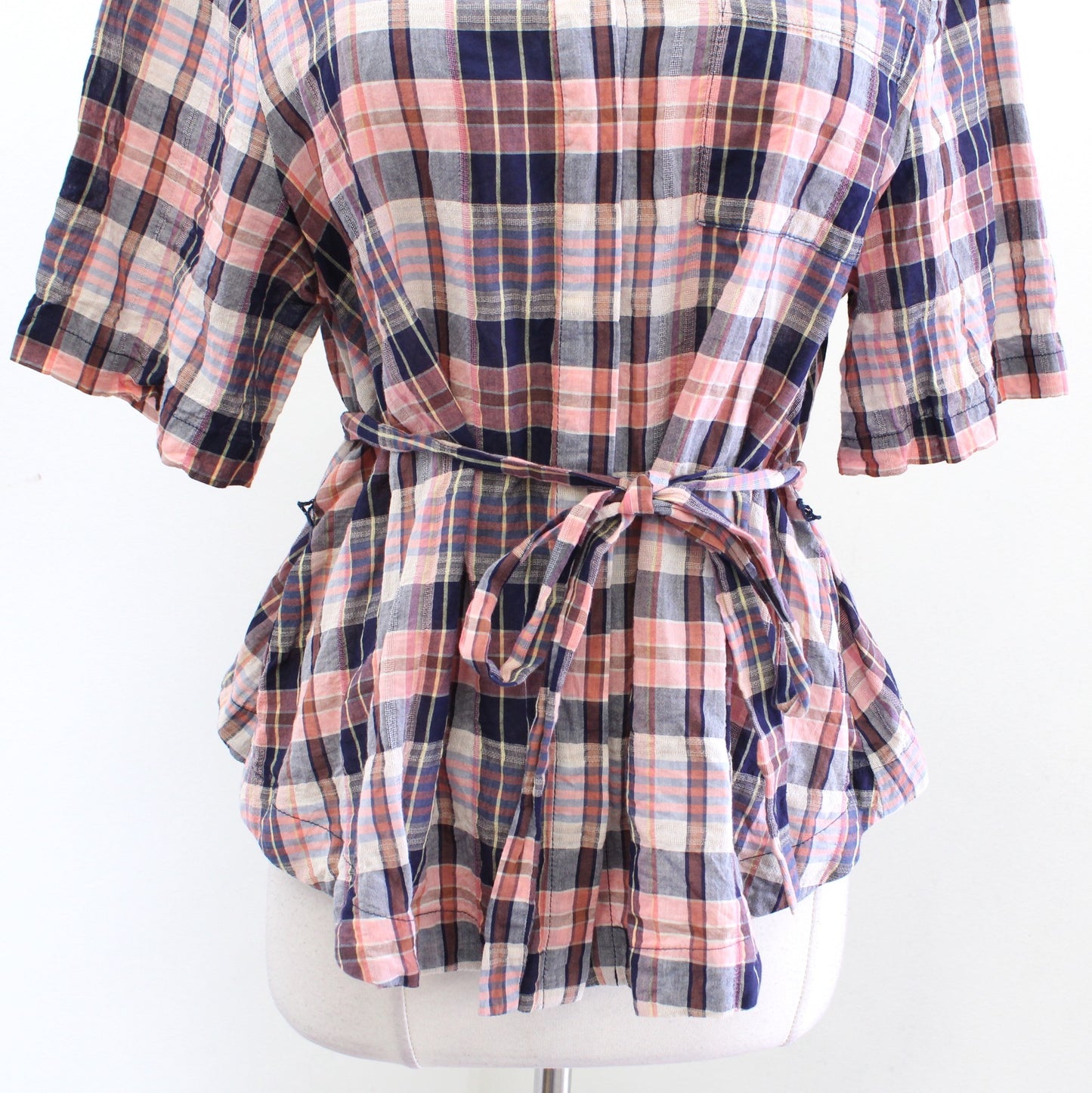 Trovata Birds of Paradis Navy Blue Coral Tie Waist Button Front Shirt Blouse M