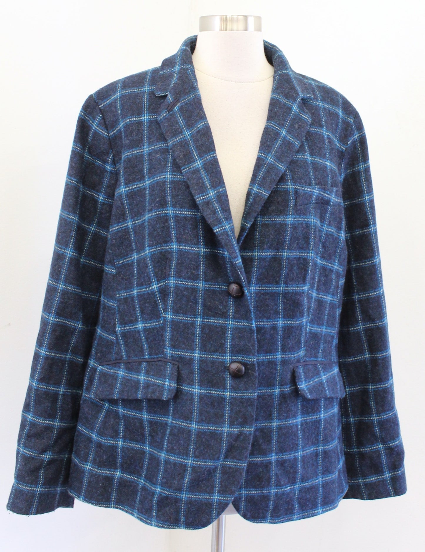 Talbots Woman Navy Blue Black Toned Plaid Wool Blend Blazer Jacket Size 18W