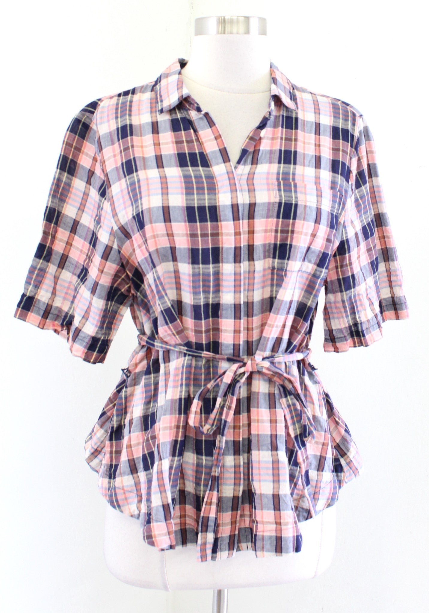 Trovata Birds of Paradis Navy Blue Coral Tie Waist Button Front Shirt Blouse M