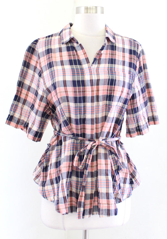 Trovata Birds of Paradis Navy Blue Coral Tie Waist Button Front Shirt Blouse M