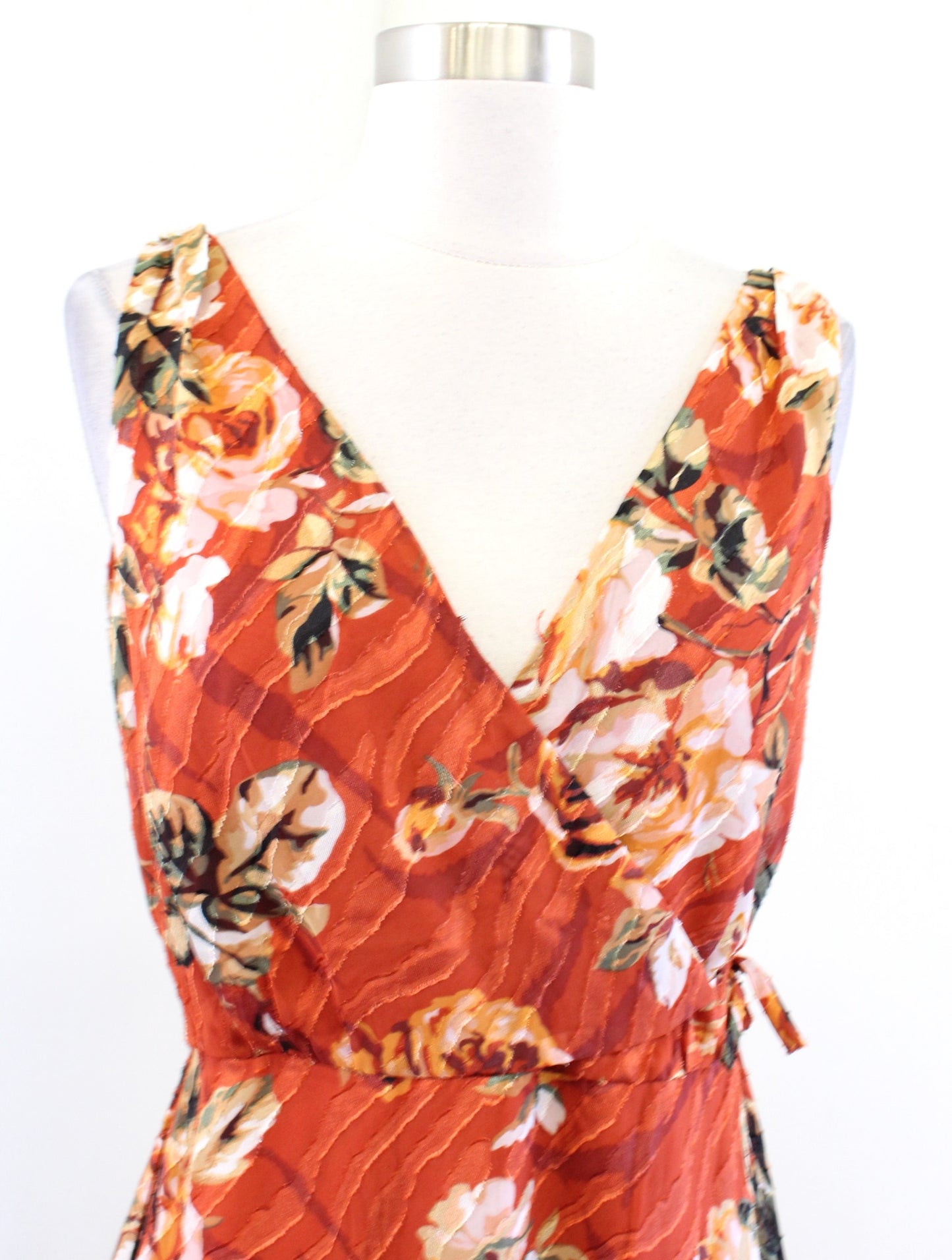 White House Black Market Orange Fall Floral Print Midi Dress Size 2 Side Tie