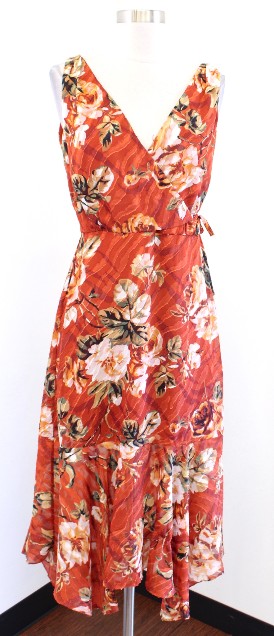 White House Black Market Orange Fall Floral Print Midi Dress Size 2 Side Tie