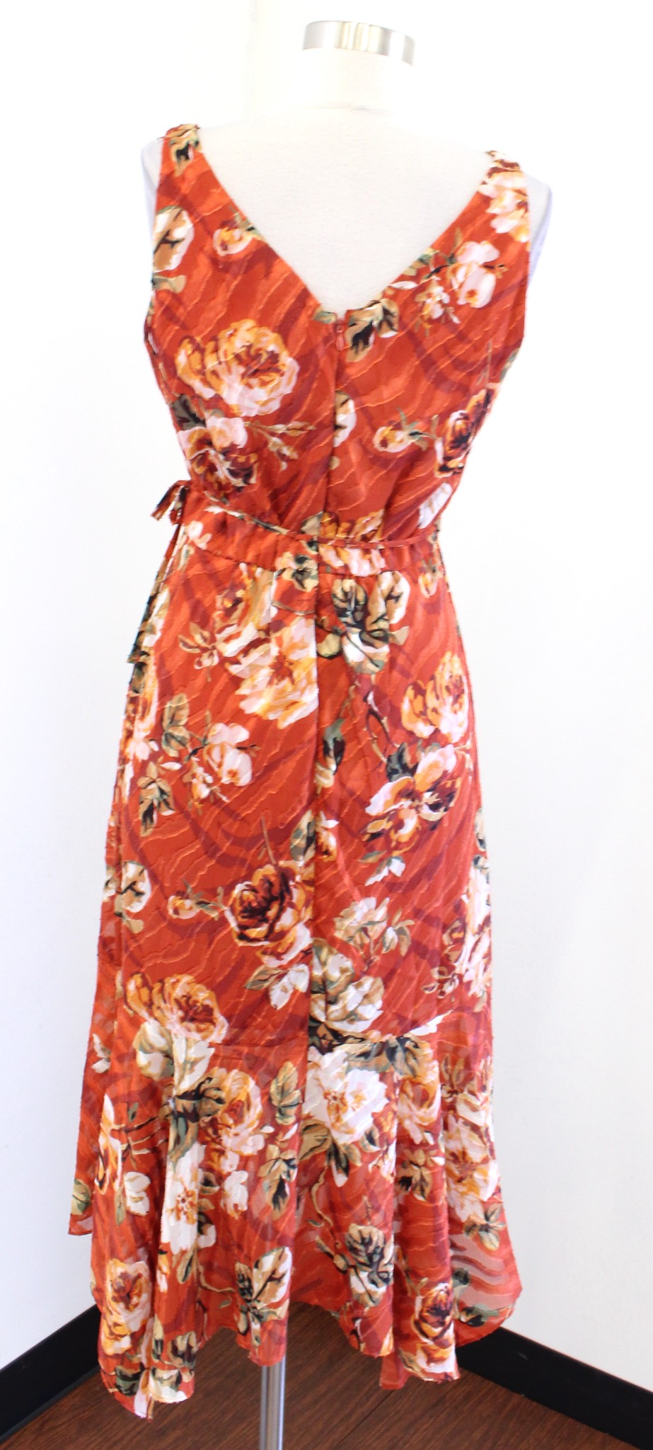 White House Black Market Orange Fall Floral Print Midi Dress Size 2 Side Tie