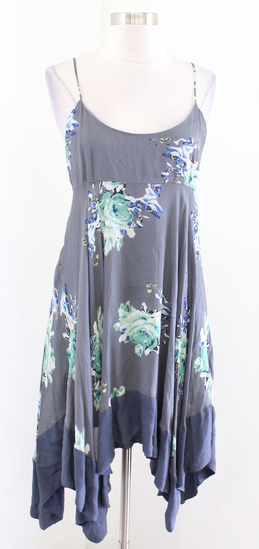 Free People Faded Bloom Gray Floral Asymmetric Handkerchief Hem Slip Dress Sz XS