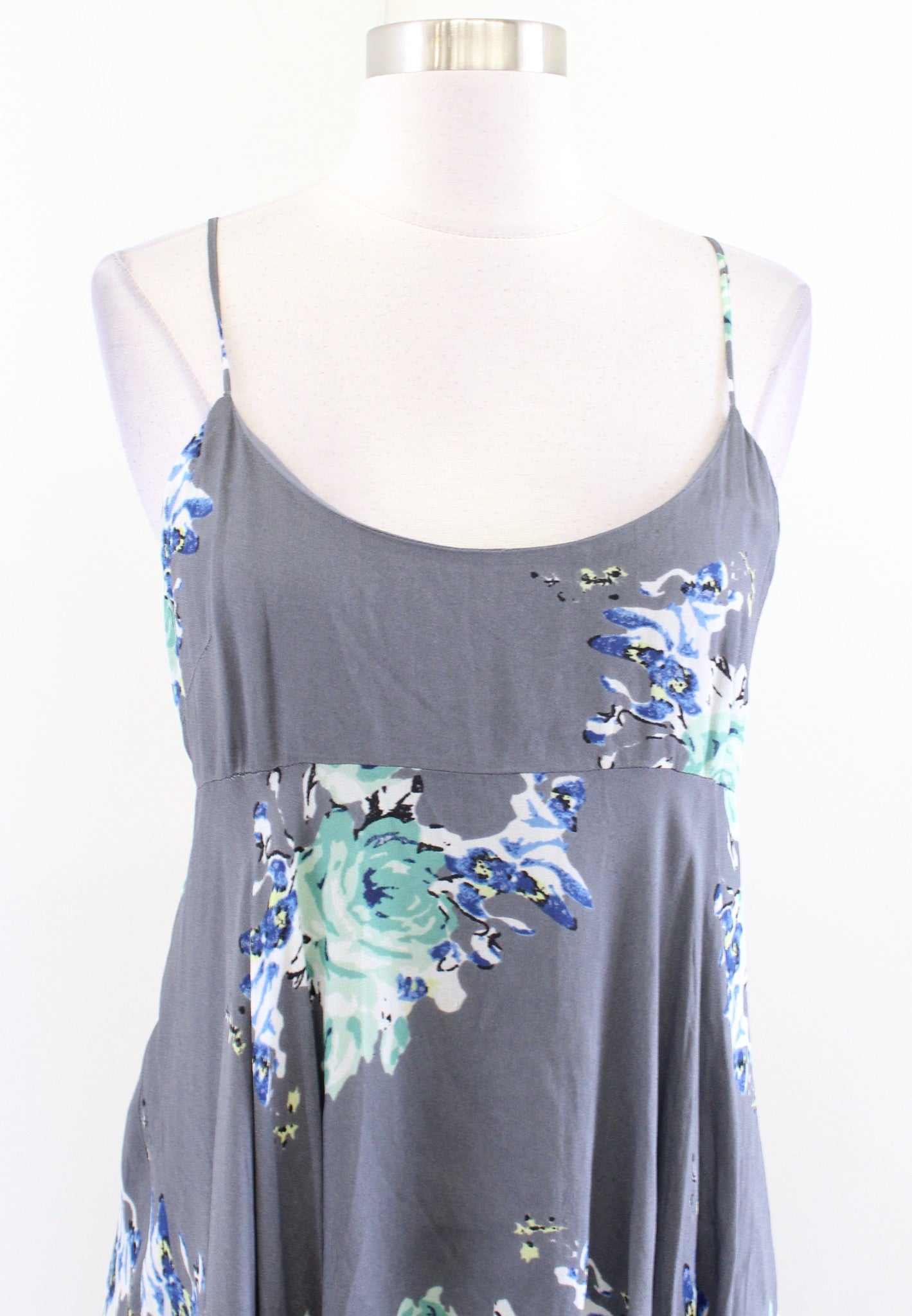 Free People Faded Bloom Gray Floral Asymmetric Handkerchief Hem Slip Dress Sz XS