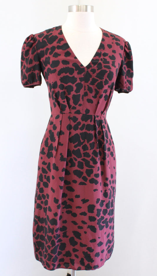 Burberry London Burgundy Red Black Leopard Print Silk V Neck Sheath Dress Size 2