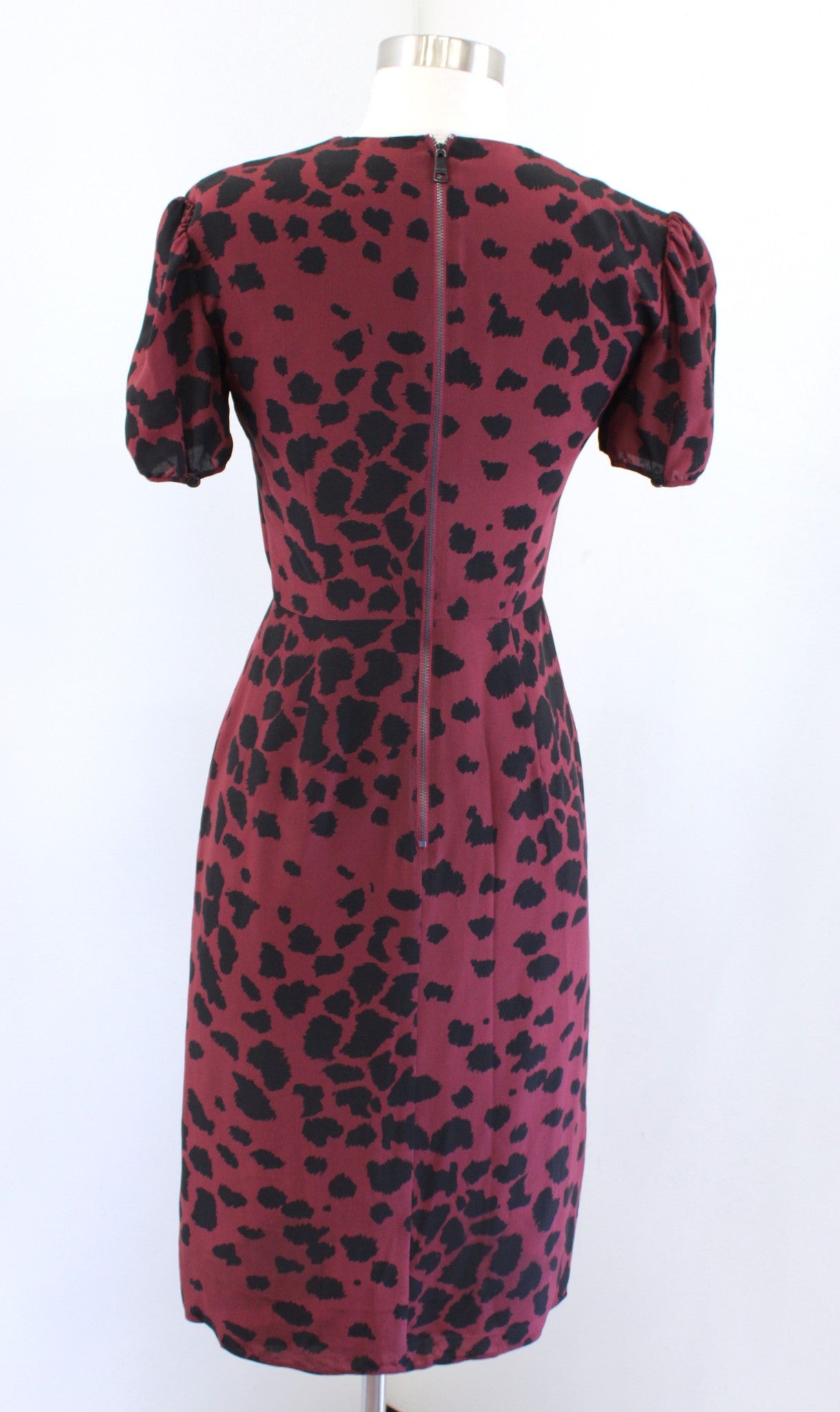 Burberry London Burgundy Red Black Leopard Print Silk V Neck Sheath Dress Size 2