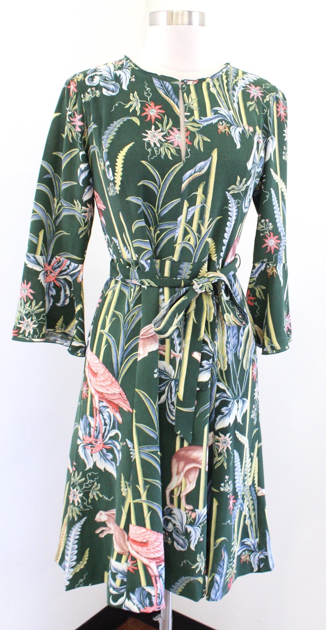 Ann Taylor Reed Garden Fluted Sleeve Animal Floral Print Dress Size 2 Green