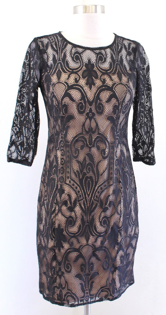 Adrianna Papell Black Nude Lace Illusion Sheath Dress Size 4P Cocktail Party