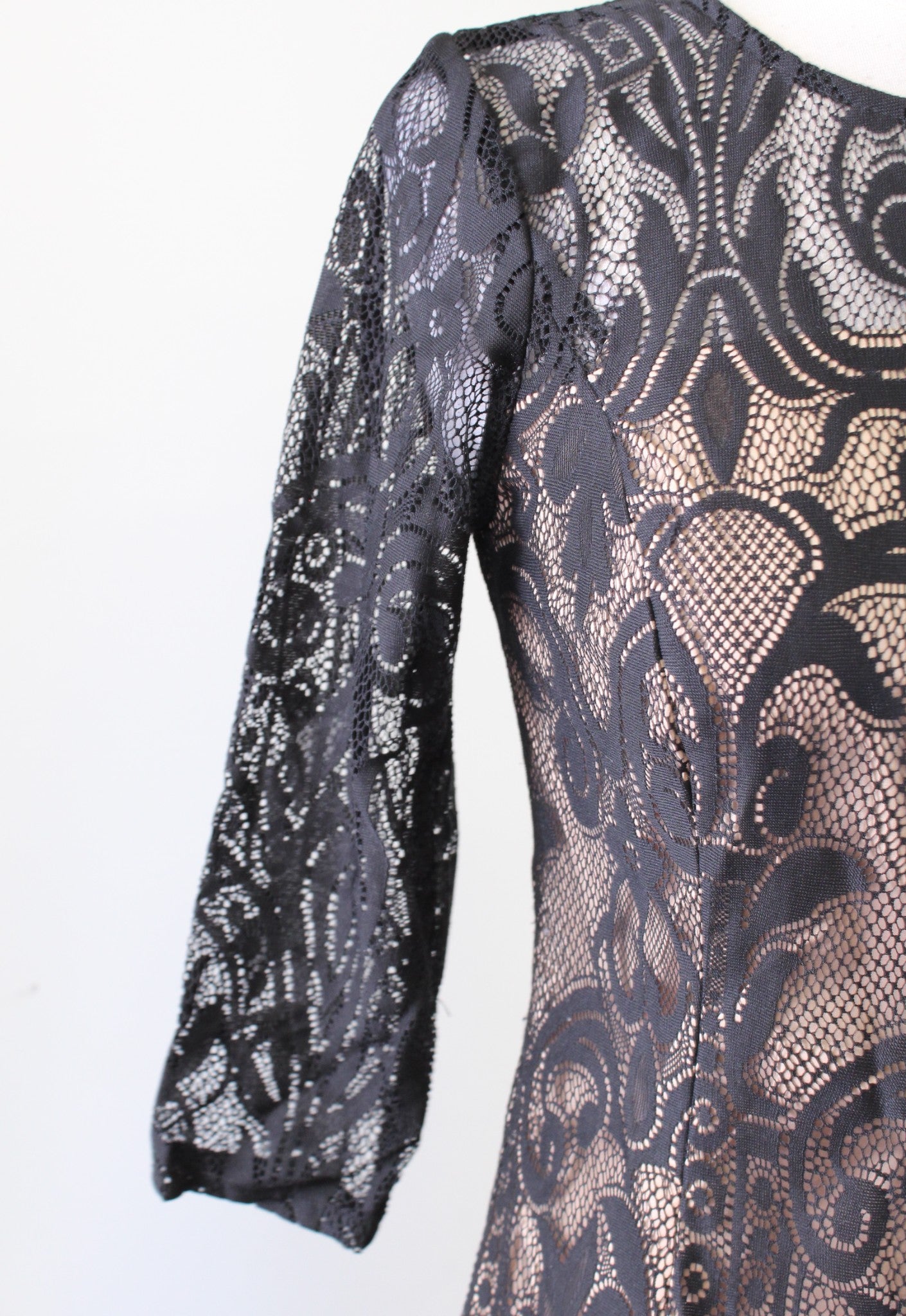 Adrianna Papell Black Nude Lace Illusion Sheath Dress Size 4P Cocktail Party