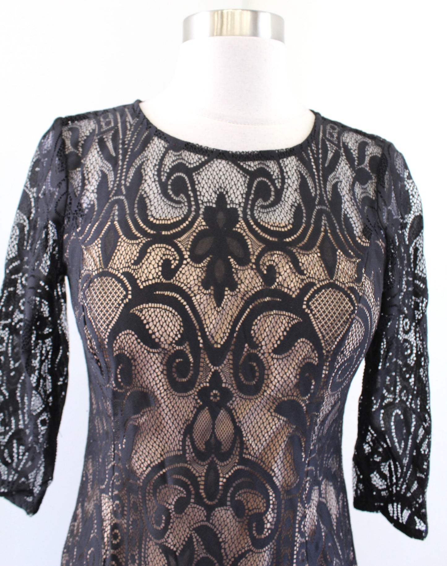 Adrianna Papell Black Nude Lace Illusion Sheath Dress Size 4P Cocktail Party