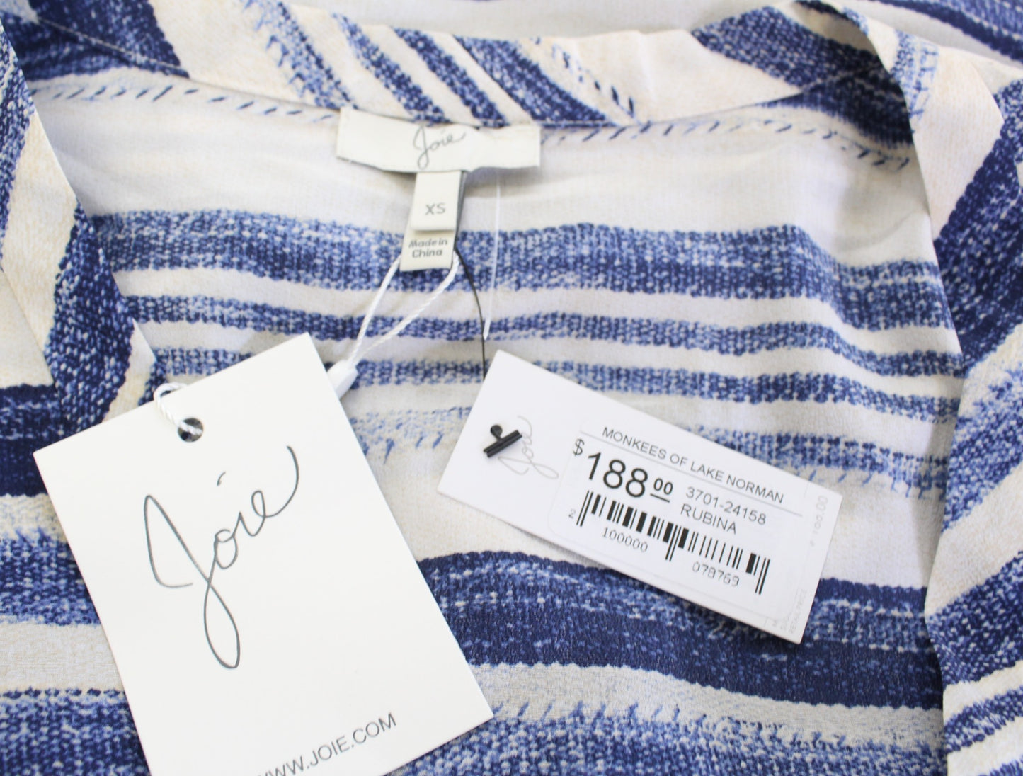NWT $188 Joie Rubina Blue White Tan Printed Striped Top Blouse Silk Size XS Short Sleeve