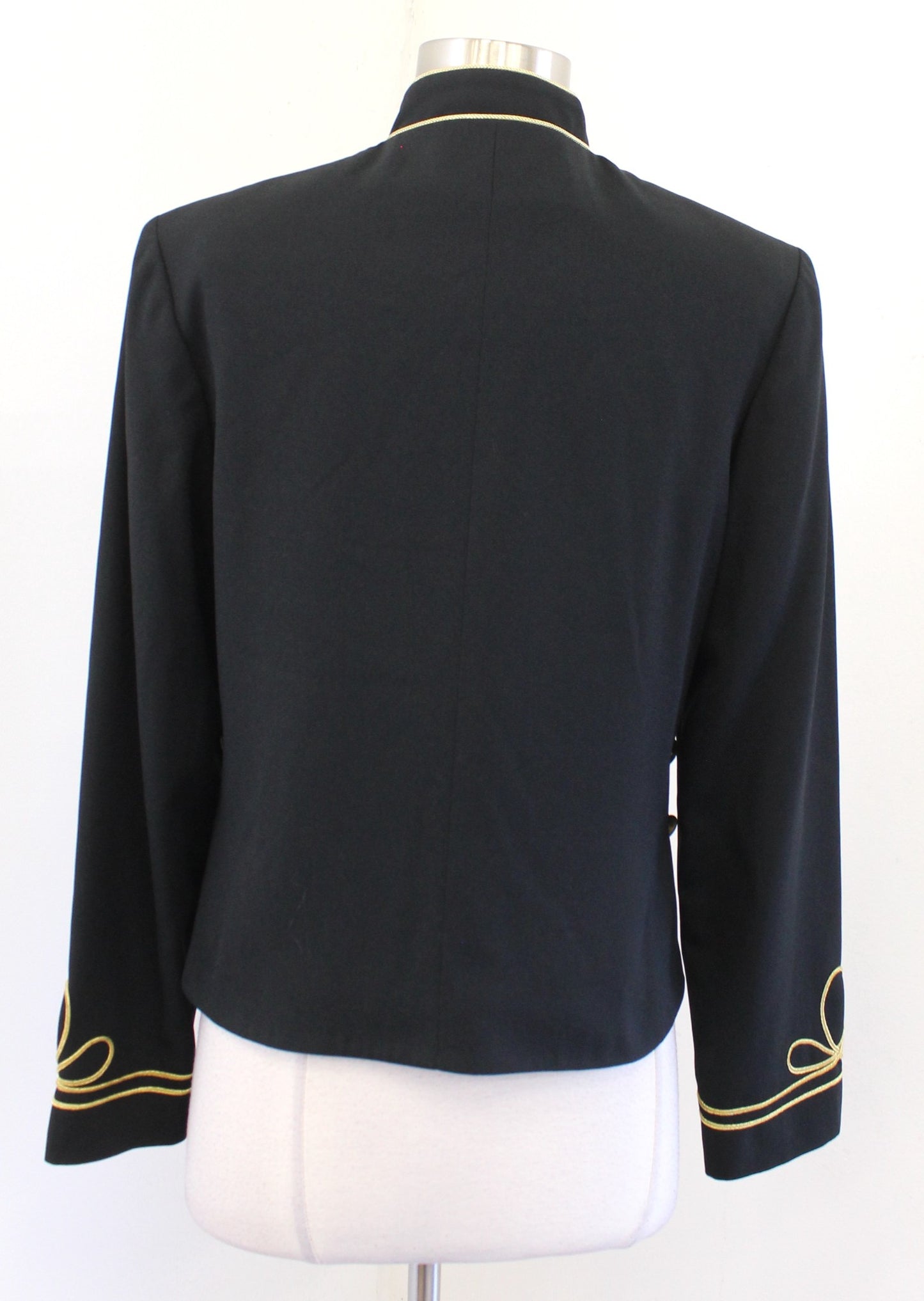Vtg 90s Black Gold Embroidered Military Style Blazer Jacket Sz 6 Mandarin Collar
