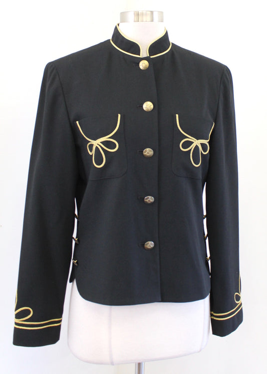 Vtg 90s Black Gold Embroidered Military Style Blazer Jacket Sz 6 Mandarin Collar