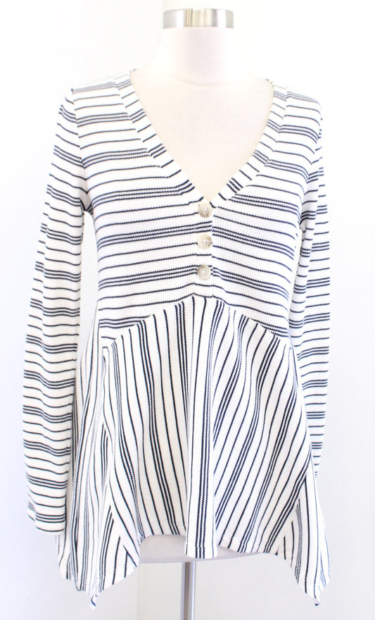 NWT Maeve Anthropologie Navy White Striped Knit Asymmetric Henley Top Size XS