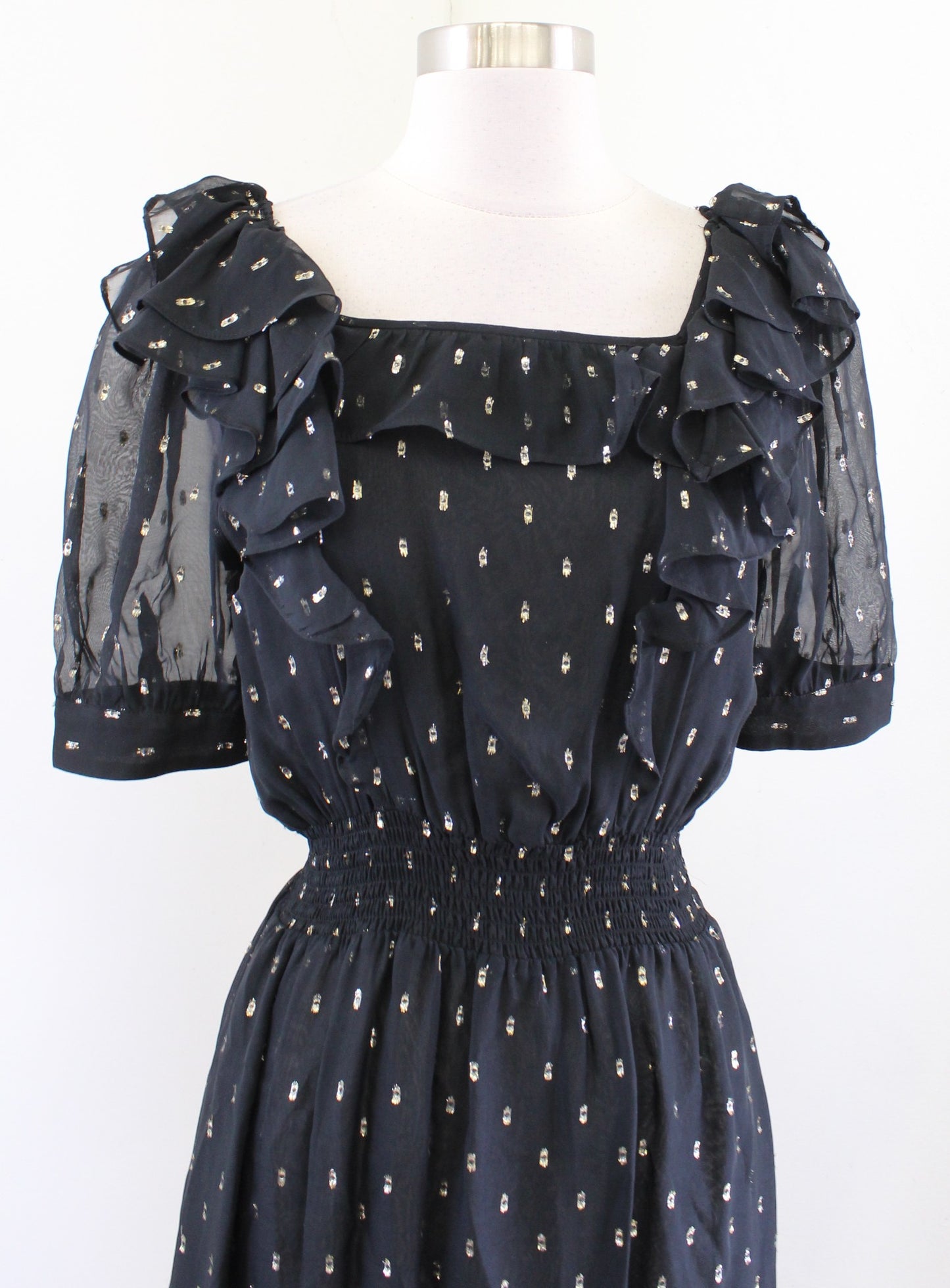 Ba&sh Romeo Black Gold Metallic Ruffle Midi Dress Size 1 / US 4 Silk Ba Sh