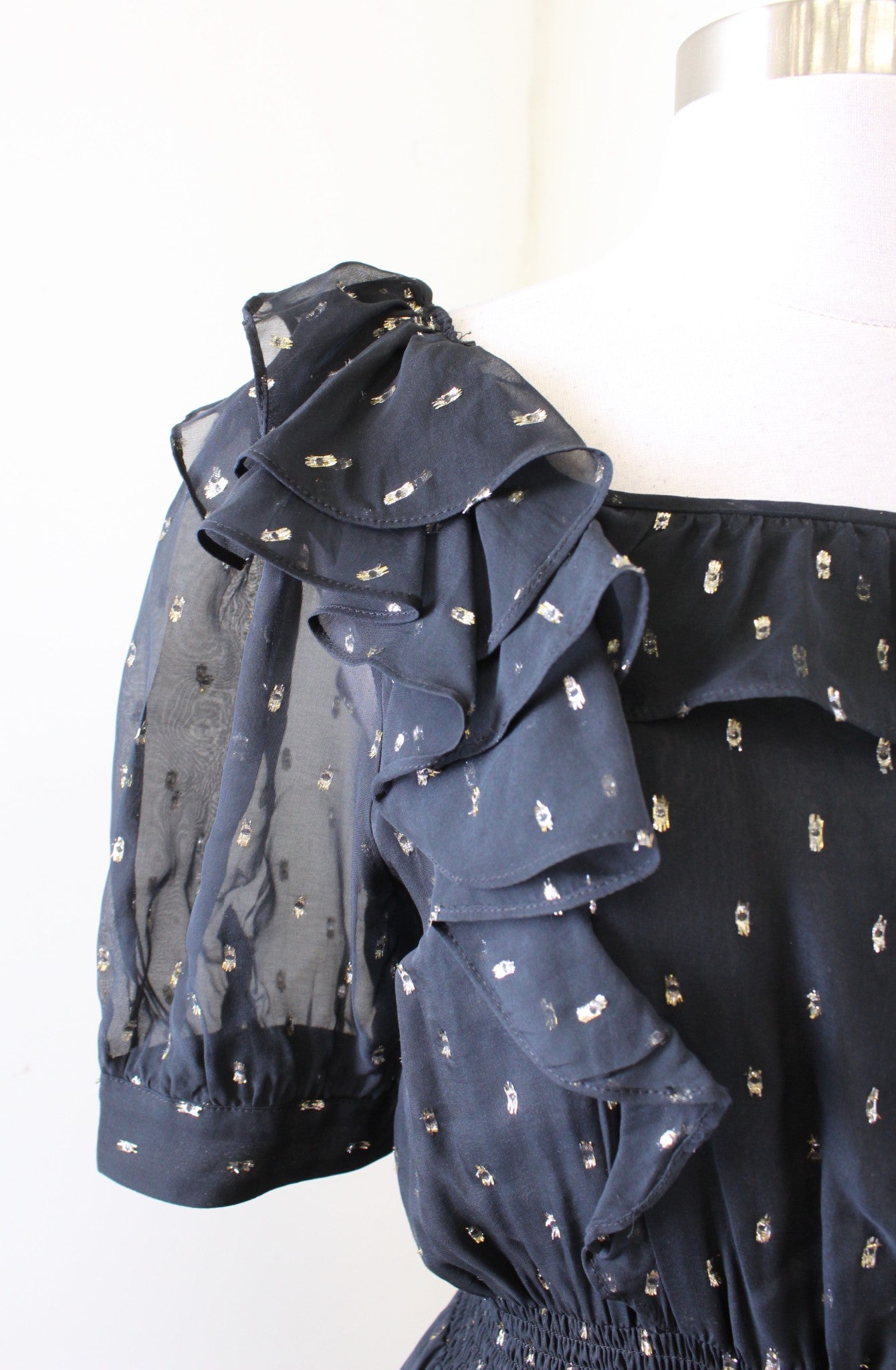 Ba&sh Romeo Black Gold Metallic Ruffle Midi Dress Size 1 / US 4 Silk Ba Sh