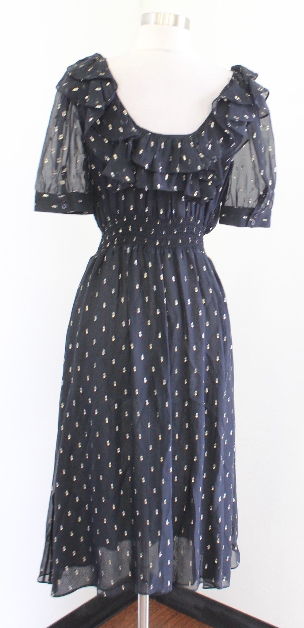 Ba&sh Romeo Black Gold Metallic Ruffle Midi Dress Size 1 / US 4 Silk Ba Sh