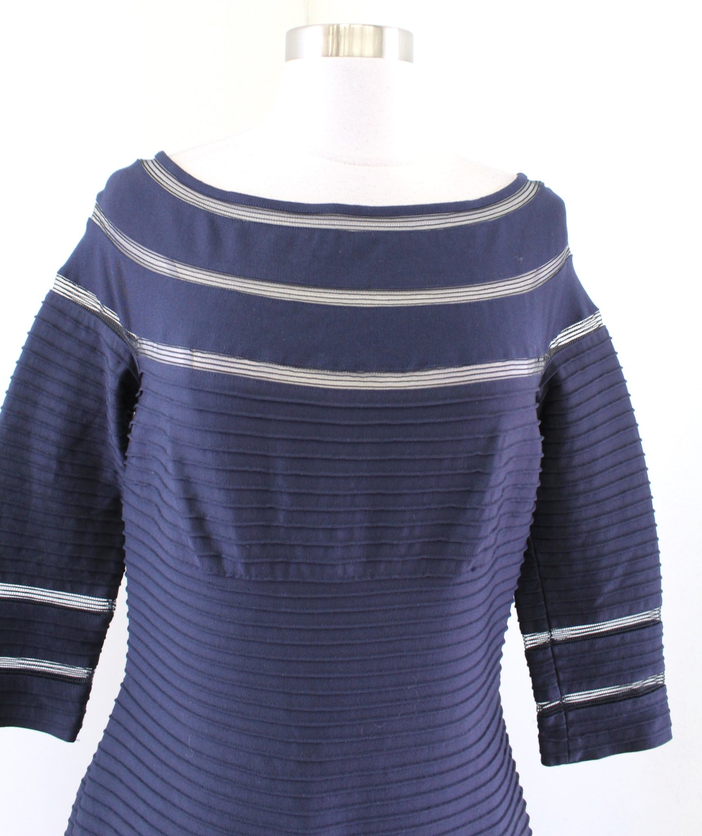 Tadashi Shoji Navy Blue Pintuck Striped Mesh Cutout Cocktail Evening Dress Sz M