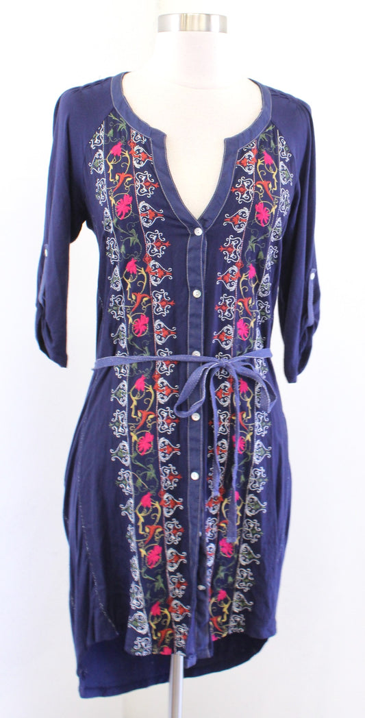 Tiny Anthropologie Plein Air Navy Blue Embroidered Shirt Dress Tie Waist Size XS