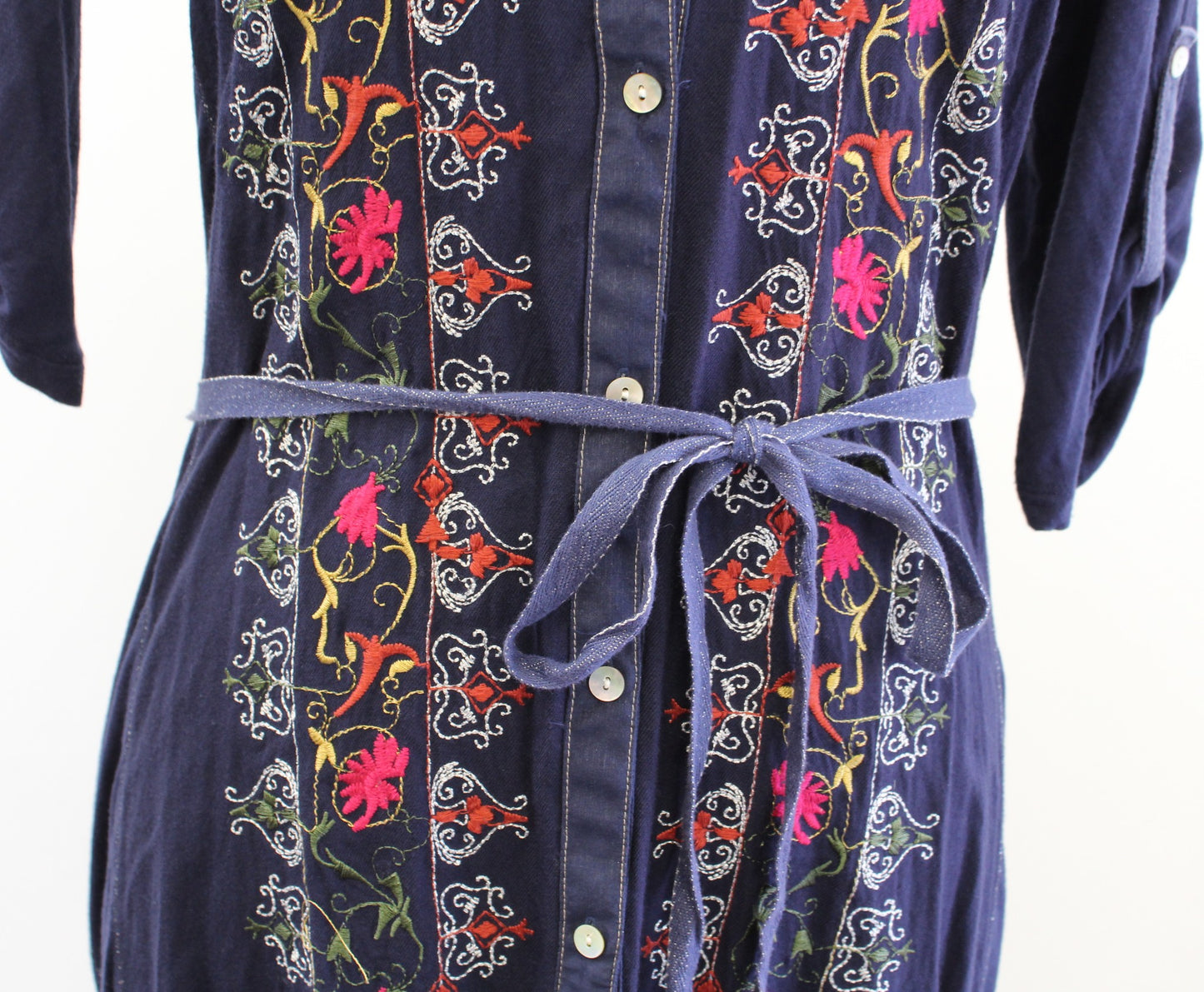 Tiny Anthropologie Plein Air Navy Blue Embroidered Shirt Dress Tie Waist Size XS
