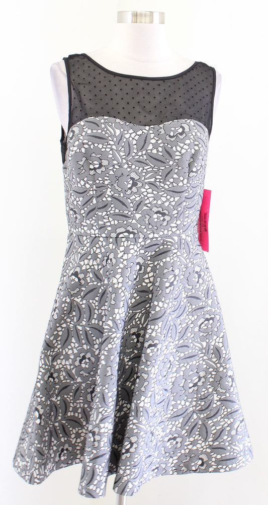 NWT Betsey Johnson Gray Black White Floral Mesh Polka Dot Fit and Flare Dress 6