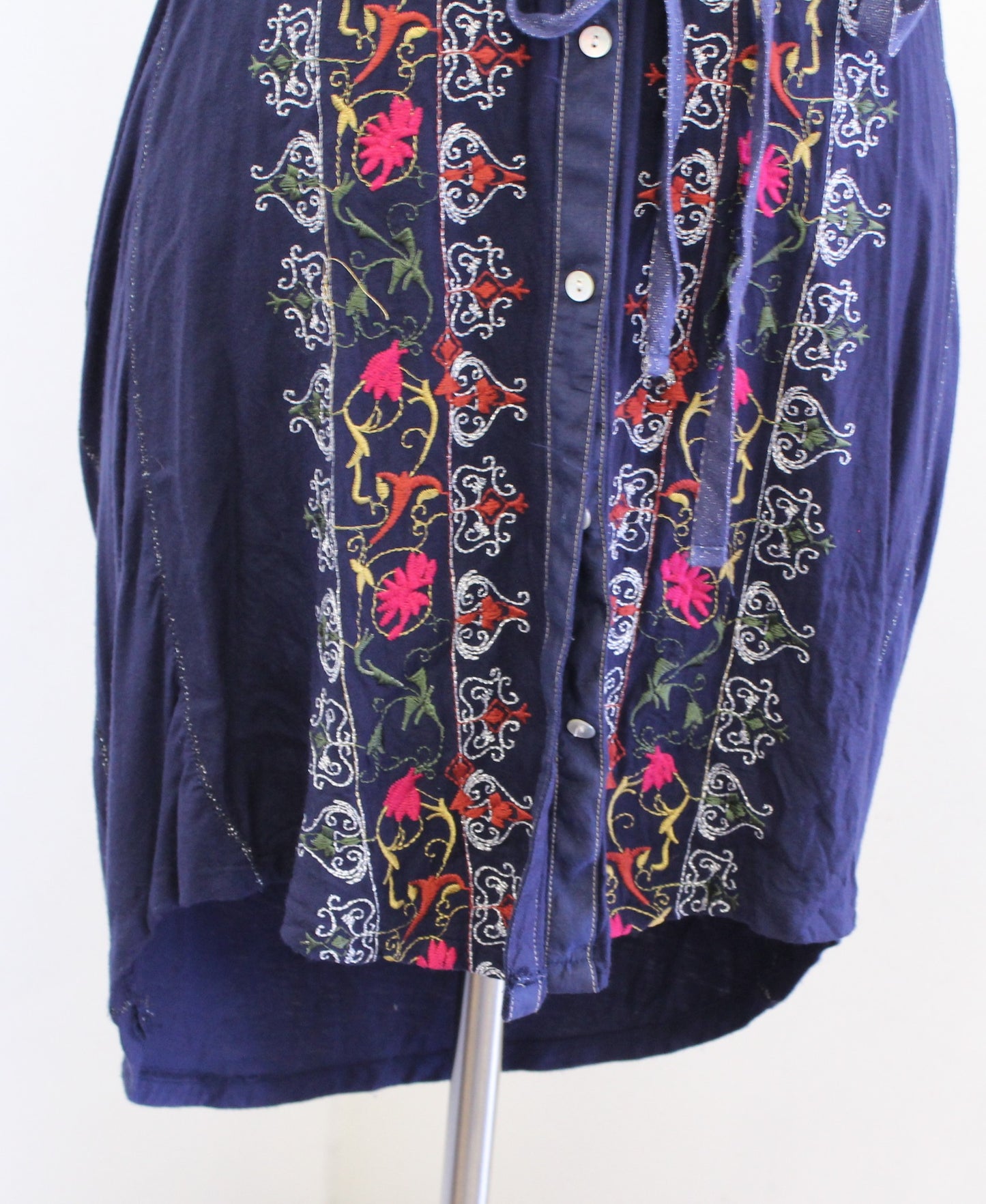 Tiny Anthropologie Plein Air Navy Blue Embroidered Shirt Dress Tie Waist Size XS