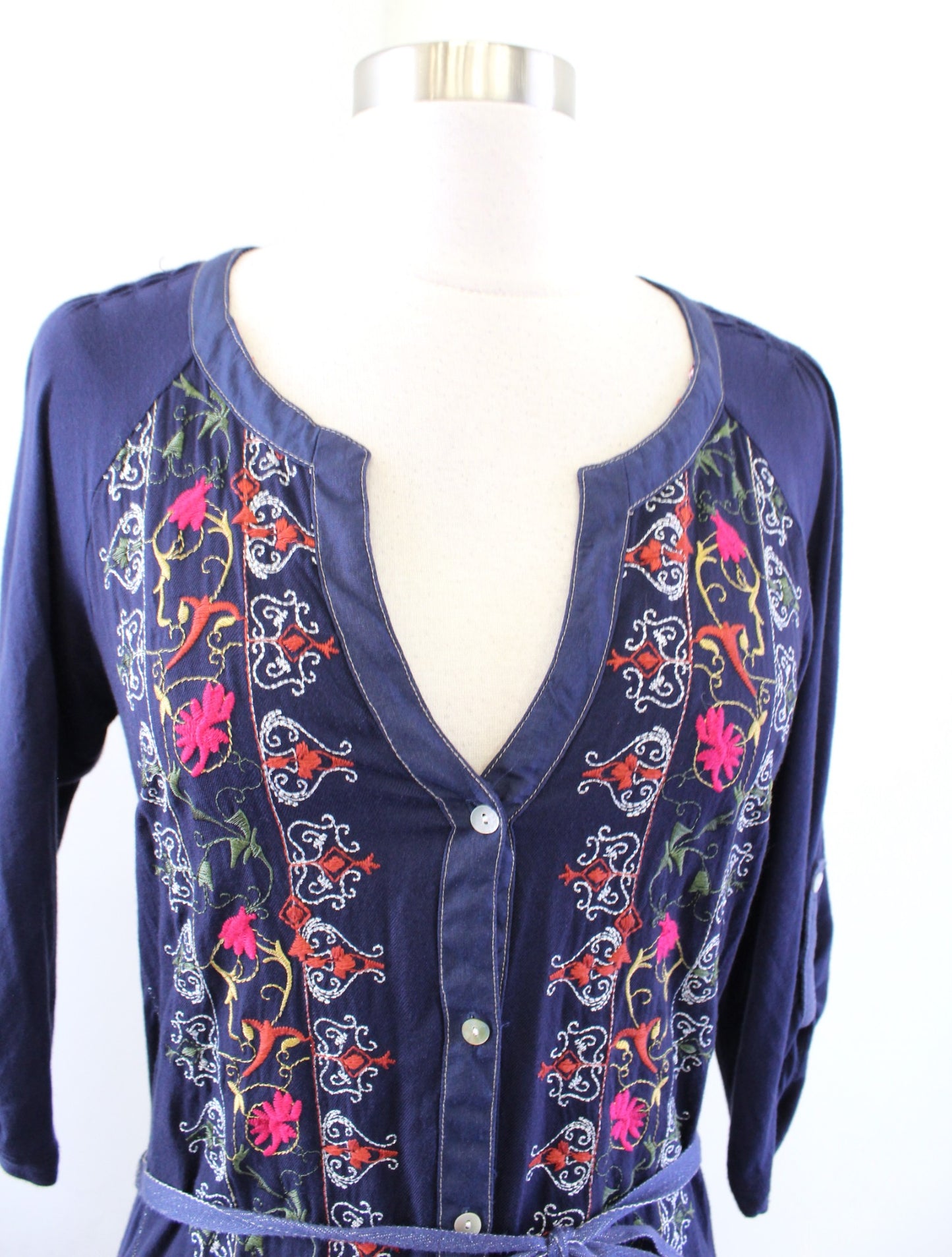 Tiny Anthropologie Plein Air Navy Blue Embroidered Shirt Dress Tie Waist Size XS