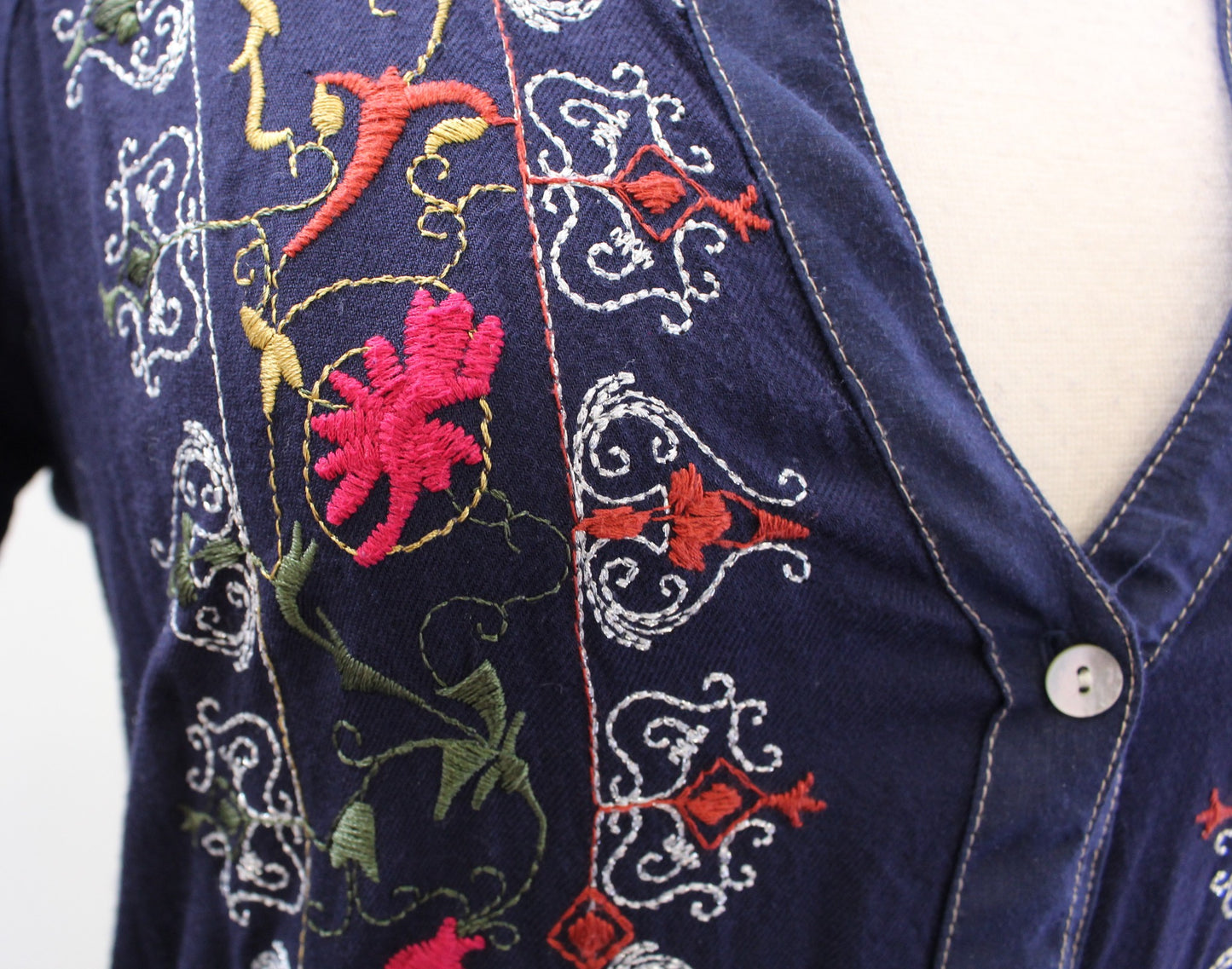 Tiny Anthropologie Plein Air Navy Blue Embroidered Shirt Dress Tie Waist Size XS