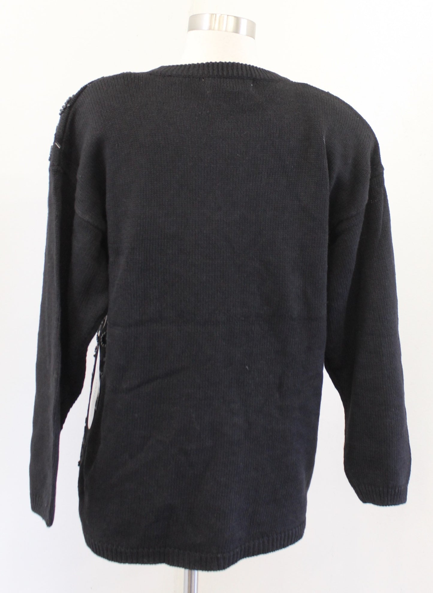 NWT Vtg 90s Deadstock Black Floral Embroidered Beaded Sweater Size M Embellished