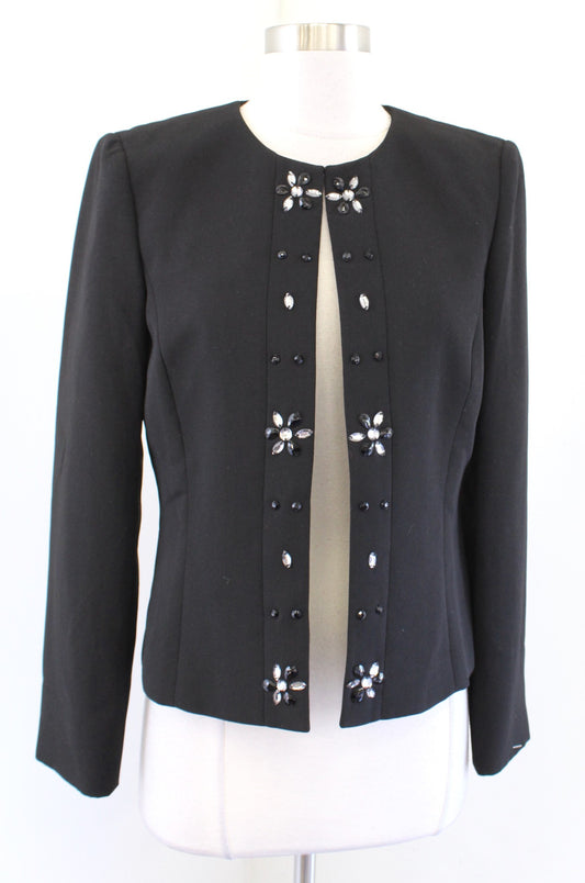 Tahari ASL Levine Black Jewel Beaded Embellished Blazer Jacket Collarless Size 4