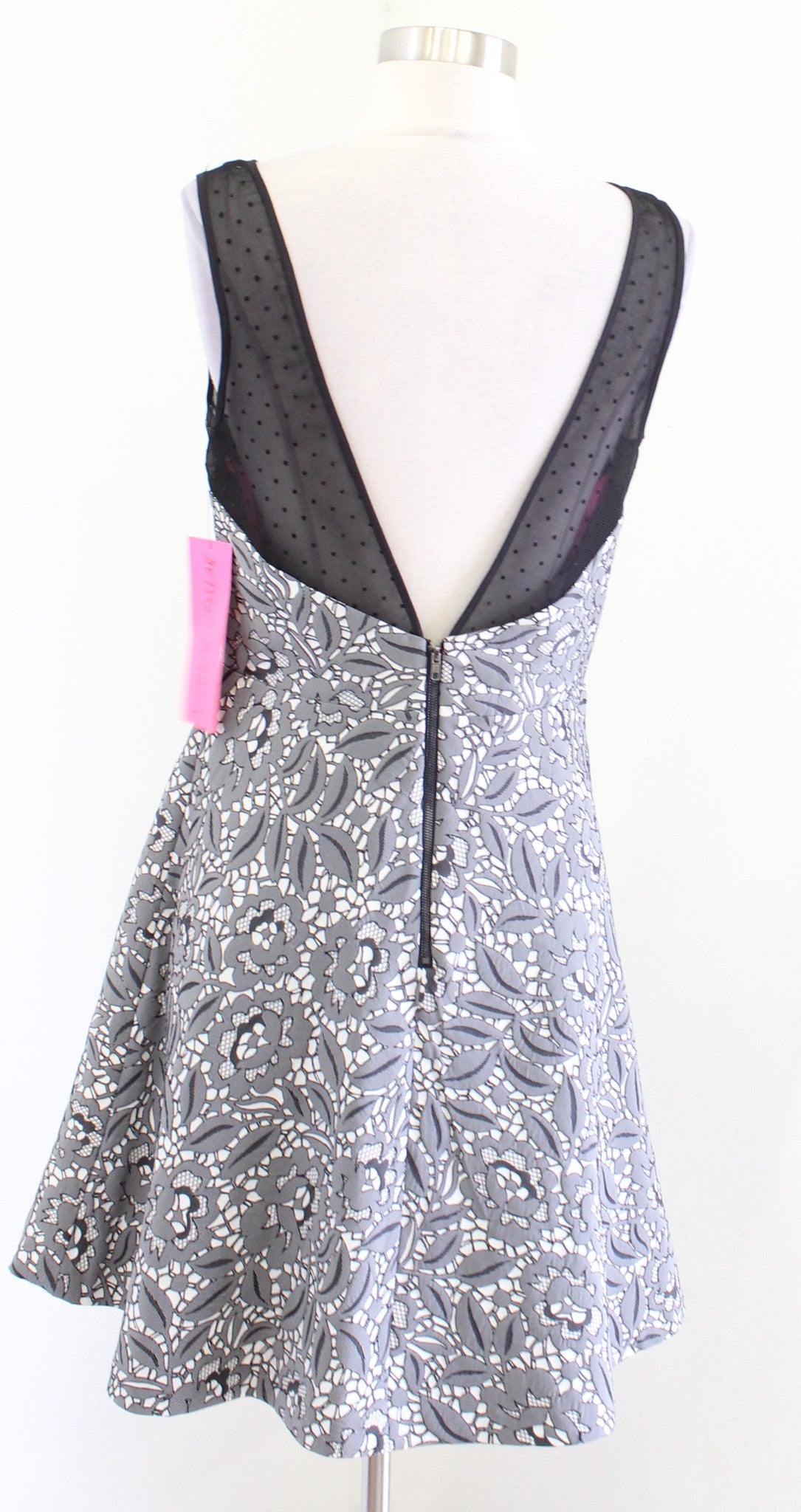 NWT Betsey Johnson Gray Black White Floral Mesh Polka Dot Fit and Flare Dress 6