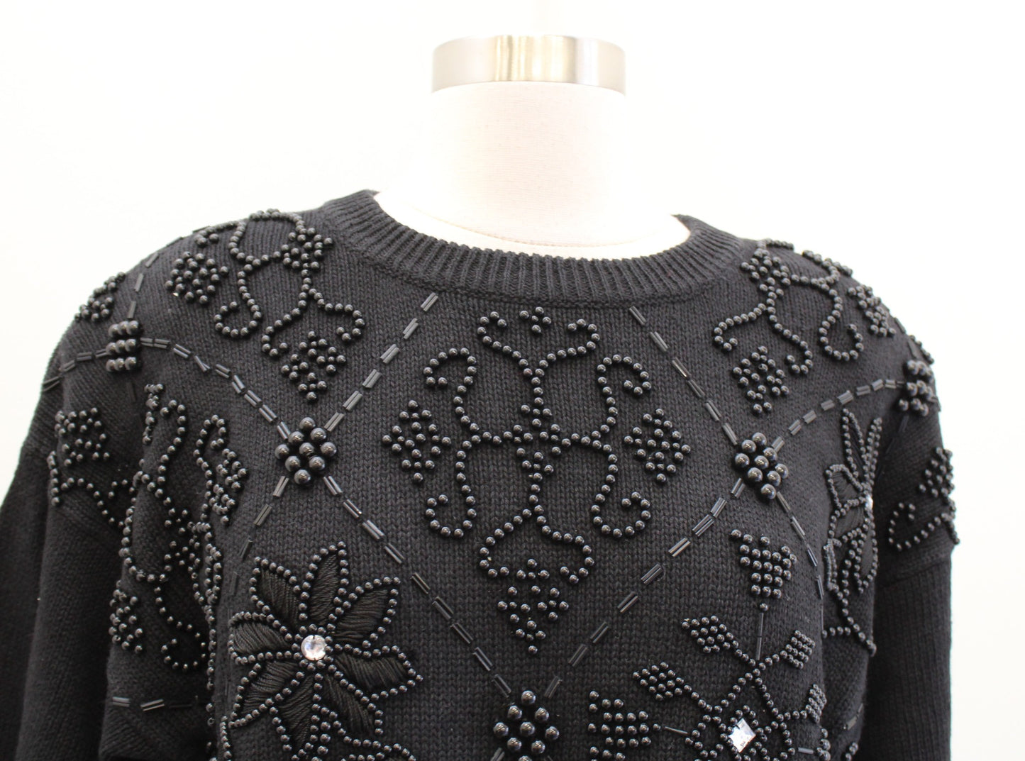 NWT Vtg 90s Deadstock Black Floral Embroidered Beaded Sweater Size M Embellished