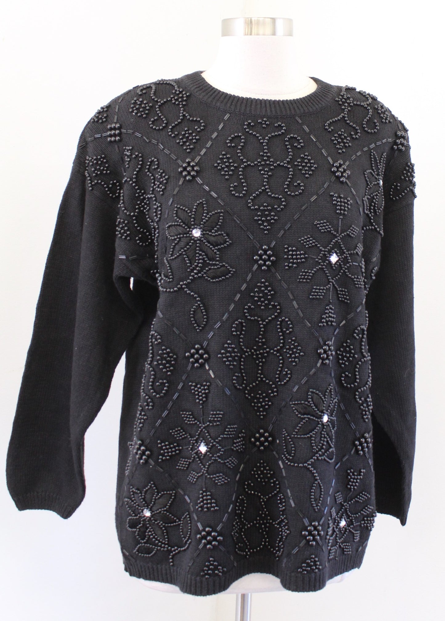 NWT Vtg 90s Deadstock Black Floral Embroidered Beaded Sweater Size M Embellished