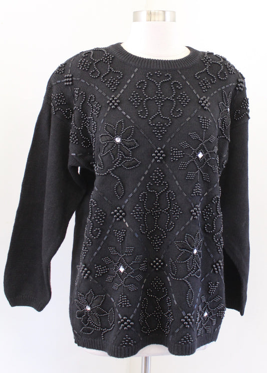 NWT Vtg 90s Deadstock Black Floral Embroidered Beaded Sweater Size M Embellished