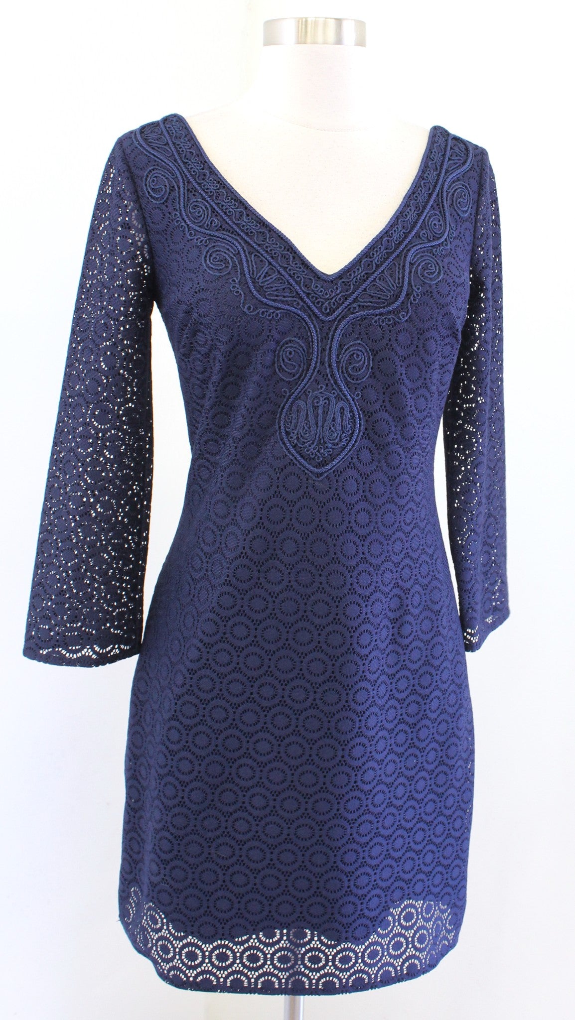 Lilly Pulitzer Alden True Navy Blue Knit Geo Circle Lace Tunic Dress Size XS