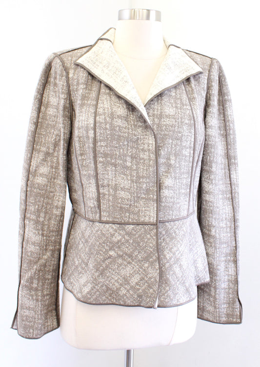 Lafayette 148 New York Brown Ivory Printed Snap Button Blazer Jacket Size 6