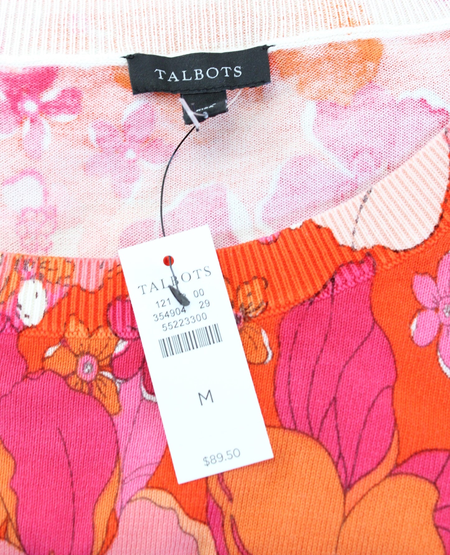 NWT Talbots Vibrant Floral Print Pullover Light Sweater Top Size M Pink Orange